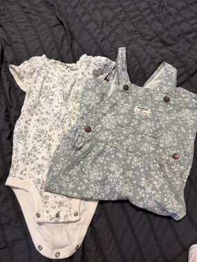 OshKosh B'gosh Green Floral Overall Dress and Cream Floral Bodysuit Set